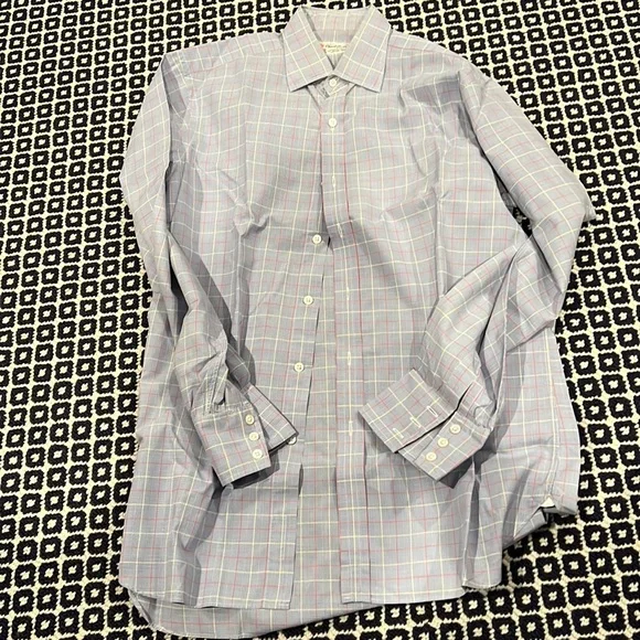 turnbull and asser dress shirts & Bespoke Men Shirt Men 19.5" Neckline White Check SS cut with straight side seams and slightly shorter in the body allowing them to be worn untucked Turnbull & Asser Plaid Print